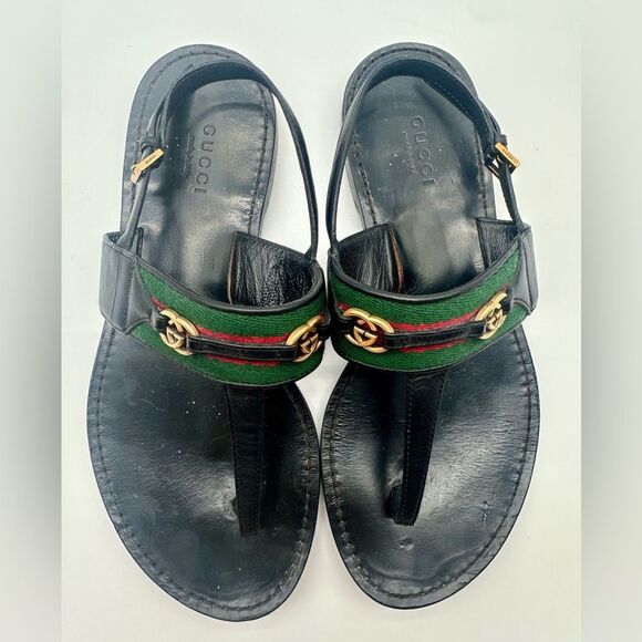 Gucci Siryo GG Web Strap Flat Leather Sandals Interlocking Black Thong EU 36.5 - Picture 9 of 12